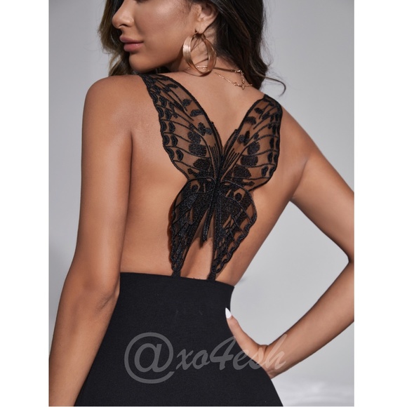 Open Back Black Mini Dress Embroidered Cowl Neck - Picture 5 of 6